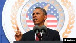 바락 오바마 미국 대통령이 지난 2013년 7월 미국 워싱턴에서 열린 한국전쟁 정전협정 60주년 기념식에서 축사를 하고 있다.