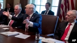 President Donald Trump, flanked by Secretary of State Rex Tillerson, left, and Defense Secretary Jim Mattis, speaks during a meeting, June 12, 2017, in the Cabinet Room of the White House in Washington. The Trump administration has recently been reviewing its strategy toward South Asia.
