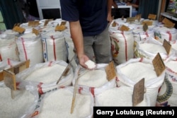 Seorang pelanggan mengecek kualitas beras saat berbelanja di pasar beras Cipinang di Jakarta, 22 Januari 2016. (Foto: Reuters/Garry Lotulung)