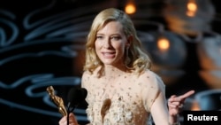 Cate Blanchett speaks on stage after she won best actress for her work in 'Blue Jasmine" at the 86th Academy Awards in Hollywood, CA, March 2, 2014.