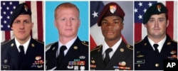 These images provided by the U.S. Army show, from left, Staff Sgt. Bryan C. Black, 35, of Puyallup, Wash.; Staff Sgt. Jeremiah W. Johnson, 39, of Springboro, Ohio; Sgt. La David Johnson of Miami Gardens, Fla.; and Staff Sgt. Dustin M. Wright, 29, of Lyons, Ga.