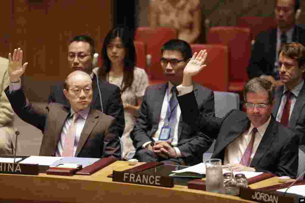 رای مثبت لیو جییی (چپ) و فرانسوا دلاتر سفیران چین و فرانسه در سازمان ملل متحد به قطعنامه ۲۲۳۱ ، ۲۰ ژوئیه ۲۰۱۵