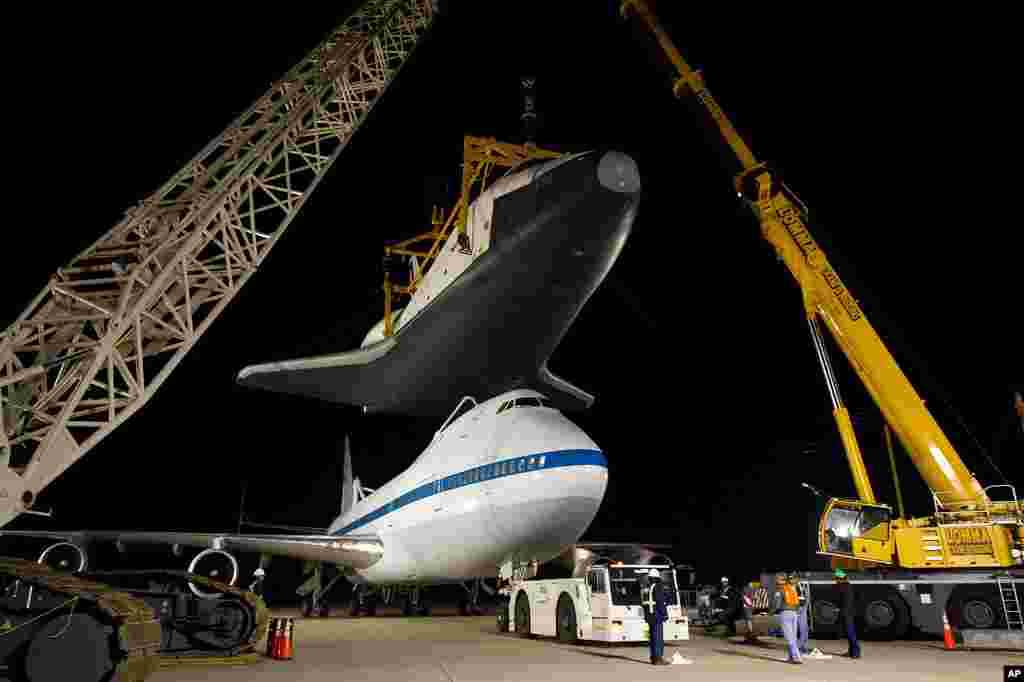The NASA 747 Shuttle Carrier Aircraft (SCA) moves into place for mating underneath the space shuttle Enterprise at Washington Dulles International Airport, April 20, 2012. (NASA/Bill Ingalls)