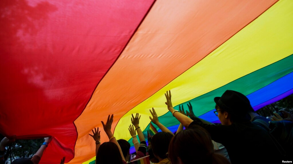 资料照：香港同性恋团体举着LGBT旗帜参加游行。 （2014年11月8日）(photo:VOA)