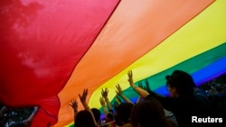 资料照：香港同性恋团体举着LGBT旗帜参加游行。 （2014年11月8日）