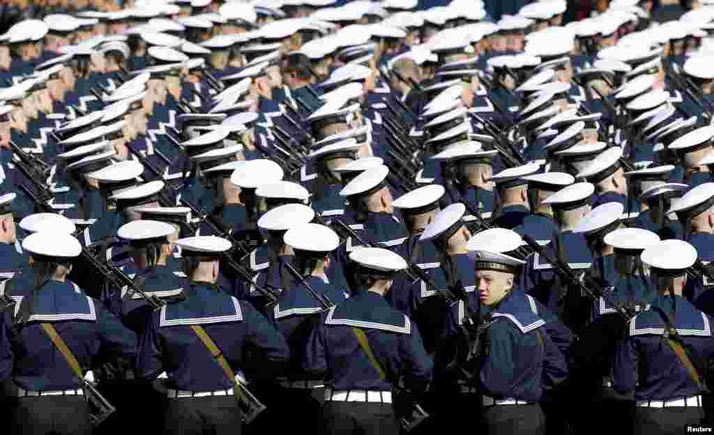 Russian navy sailors take part in a rehearsal for the Victory Day parade in Red Square in central Moscow, Russia.
