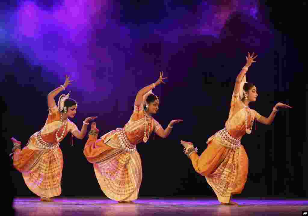 Indian dancers perform during Naman, a classical dance festival in Bangalore, Aug. 2, 2015.
