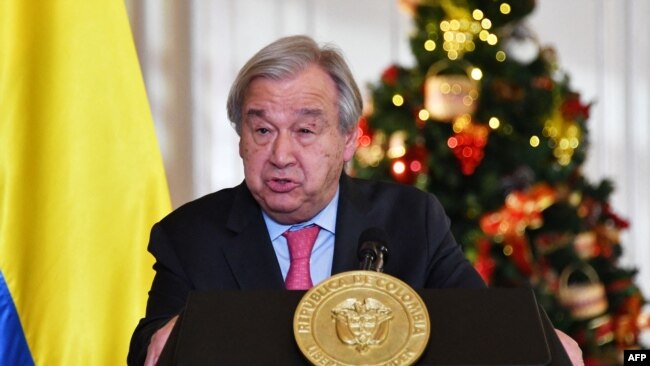 FILE - U.N. Secretary-General Antonio Guterres talks to the media during a press conference at Nariño presidential palace in Bogota, Nov. 24, 2021.