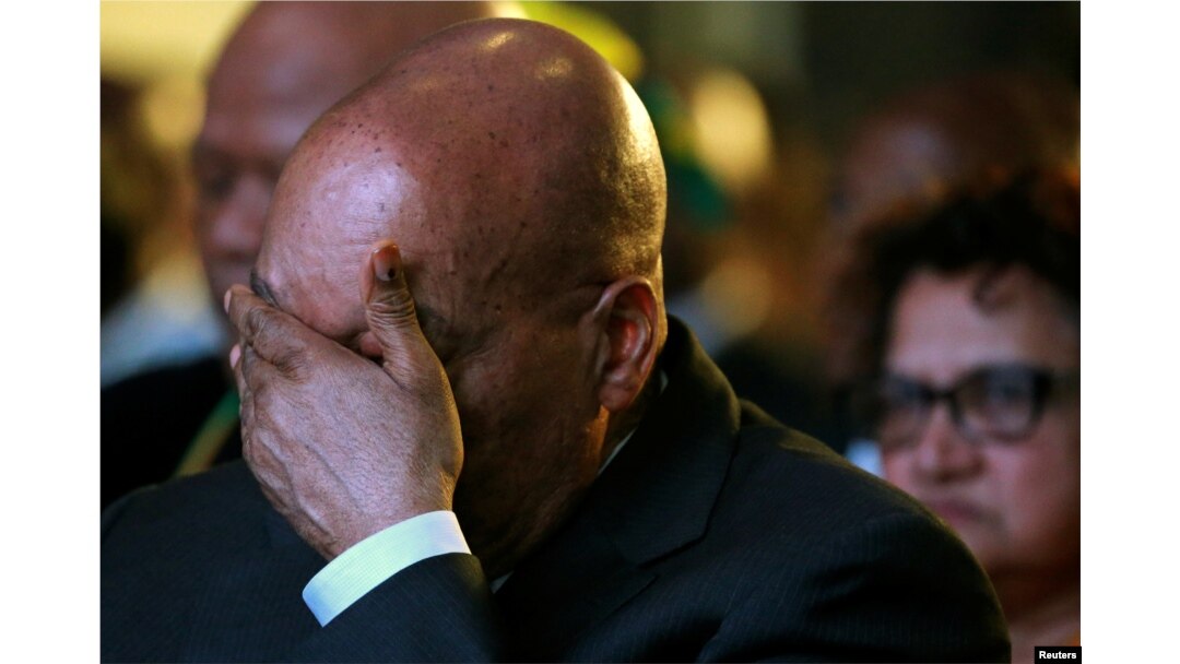 FILE - South Africa's President Jacob Zuma reacts during the official announcement of the munincipal election results at the result center in Pretoria, South Africa, Aug. 6, 2016.