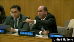 Syrian diplomat Amjad Qassem Agha speaks during U.N. meeting on human rights in Iran, New York, Oct. 25, 2017. (UN webcast)