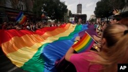 FILE - People wave flags during a gay pride march in Belgrade, Serbia, Sunday, Sept. 18, 2016. 