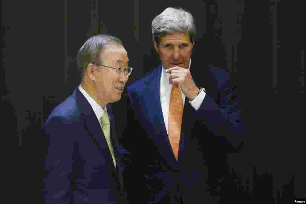 U.S. Secretary of State John Kerry meets with U.N. Secretary-General Ban Ki-moon in Jerusalem, July 23, 2014.