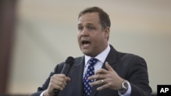 FILE - Rep. James Bridenstine, R-Okla., speaks during a rally in Tulsa, Okla., Feb. 28, 2016. Bridenstine was confirmed April 19, 2018, as President Donald Trump's pick to head NASA.