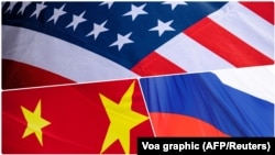 Ilustracija: Zastave Sjedinjenih Država, Kine i Rusije (VOA graphic - AFP/Reuters)