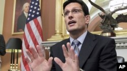 House Majority Leader Eric Cantor of Va. answers questions from reporters on President Obama's jobs bill, the debt reduction supercommittee and the economy, Monday, Oct. 3, 2011, on Capitol Hill in Washington.