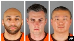 FILE - Former Minneapolis police officers J. Alexander Kueng, Thomas Lane and Tou Thao are seen in this combination of photos provided by the Hennepin County Sheriff's Office in Minnesota on June 3, 2020.