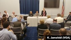 Jewish Policy Center senior director Shoshana Bryen, right, speaks at the start of a panel discussion at the Cannon House Office Building in Washington, July 11, 2018.