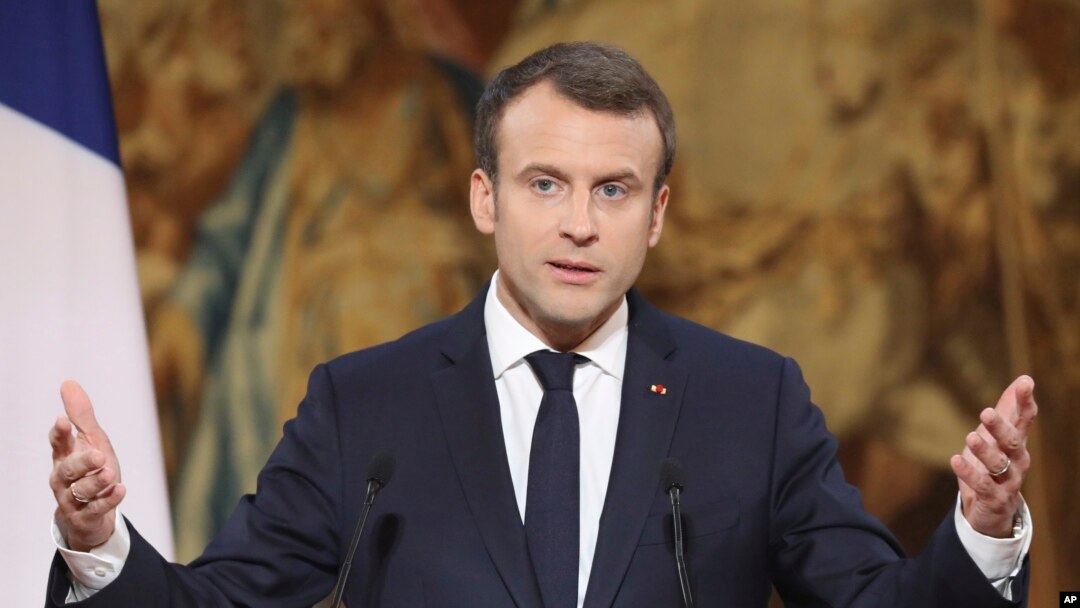 FILE - French President Emmanuel Macron delivers his New Year address to the press at the Elysee Palace in Paris, Jan. 3, 2018. 