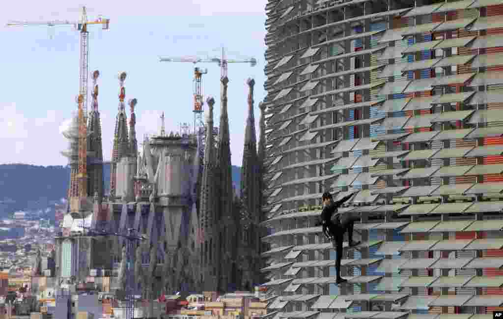 French urban climber, Alain Robert, also known as "French Spiderman", right, scales the 145 meters of the Agbar tower with the La Sagrada Familia Basilica designed by architect Antoni Gaudi in the background.