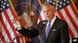 FILE - Jon Huntsman Jr., U.S. ambassador to Russia, speaks during a ceremonial swearing-in event Oct. 7, 2017, in Salt Lake City, Utah, prior to his departure for Moscow. 