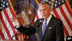 FILE - Jon Huntsman Jr., U.S. ambassador to Russia, speaks during a ceremonial swearing-in event Oct. 7, 2017, in Salt Lake City, Utah, prior to his departure for Moscow. 