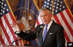 FILE - Jon Huntsman Jr., U.S. ambassador to Russia, speaks during a ceremonial swearing-in event Oct. 7, 2017, in Salt Lake City, Utah, prior to his departure for Moscow.
