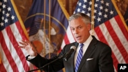 FILE - Jon Huntsman Jr., U.S. ambassador to Russia, speaks during a ceremonial swearing-in event Oct. 7, 2017, in Salt Lake City, Utah, prior to his departure for Moscow. 