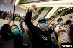 FILE - Protesters give thumbs-down signs to mainland Chinese travellers during a demonstration inside a shopping mall in Hong Kong, Feb. 15, 2015.