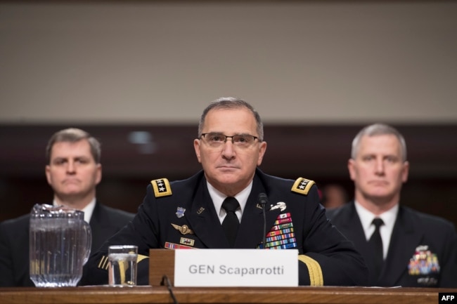 FILE - U.S. Army General Curtis Scaparrotti, Commander of the U.S. European Command, testifies on Capitol Hill in Washington, March 8, 2018.