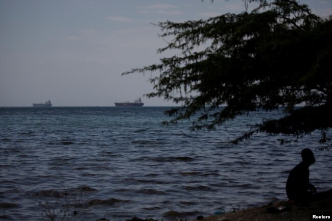 A man sits under a tree as two vessels are seen in the bay of Port-au-Prince, Haiti, April 12, 2019.