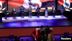 Uganda's presidential candidates take part in a presidential debate in Uganda's capital Kampala on Jan. 15, 2016, ahead of the Feb. 18 presidential election. Incumbent President Yoweri Museveni did not attend the debate.