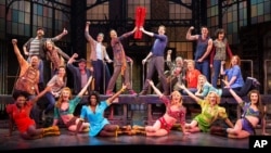 The cast during a performance of the musical "Kinky Boots." The Cyndi Lauper-scored "Kinky Boots" has earned a leading 13 Tony Award nominations, Apr. 30, 2013.