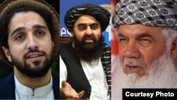 از راست: محمد اسماعیل خان، امیر خان متقی سرپرست وزارت خارجه طالبان، و احمد مسعود رهبر جبهه مقاومت