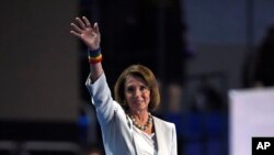 House Minority Leader Nancy Pelosi of California takes the stage for the second time this convention