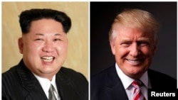 A combination photo shows a Korean Central News Agency handout photo of North Korean leader Kim Jong Un released May 10, 2016, and U.S. President Donald Trump in his office in Trump Tower, New York, May 17, 2016.