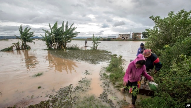 Workers take a makeshift boat to cross flooded vegetable gardens in Madagascar's capital Antananarivo, March 9, 2017. 