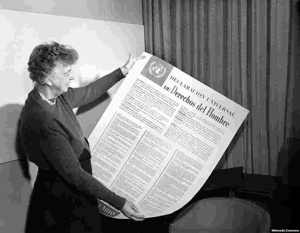 این زن، النور روزولت، همسر فرانکلین روزولت است که نگارش و تصویب اعلامیه جهانی حقوق بشر را در سال ۱۹۴۸ به انجام رساند.