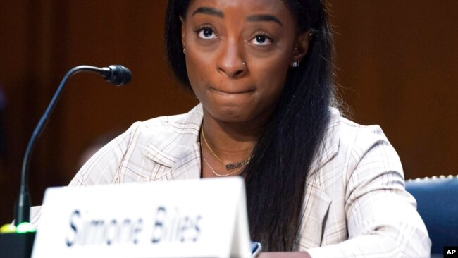 United States Olympic gymnast Simone Biles testifies during a Senate Judiciary hearing about the Inspector General's report on the FBI's handling of the Larry Nassar investigation on Capitol Hill, Sept. 15, 2021, in Washington.