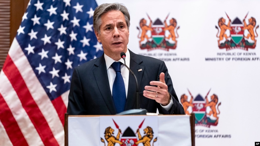 Secretary of State Antony Blinken speaks during a news conference with Foreign Affairs Secretary Raychelle Omamo at a news conference at the Serena Hotel in Nairobi, Kenya, Nov. 17, 2021. 