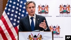 Secretary of State Antony Blinken speaks during a news conference with Foreign Affairs Secretary Raychelle Omamo at a news conference at the Serena Hotel in Nairobi, Kenya, Nov. 17, 2021. 