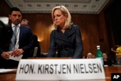 Homeland Security Secretary Kirstjen Nielsen arrives to testify to the Senate Homeland Security Committee, May 15, 2018, on Capitol Hill in Washington. Nielsen told the committee that DHS needed "clear legal authority to identify, track and mitigate drone