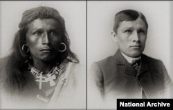 Photo shows Hastiin To'Haali, renamed Tom Turlino, Dine Bit'ahnii (Navajo) from Coyote Canyon, New Mexico, (L) on arrival at Carlisle Indian Industrial School in 1882 and (R) after assimilation in 1885. Photo by Courtesy, NARA.