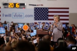 Democratic presidential candidate Hillary Clinton speaks during a campaign stop in Coral Springs, Fla., Sept. 30, 2016.