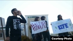 Bard College philosophy student helps lead other members of his school's chapter of the Million Hoodies for Justice Movement in a protest against the Dakota Access Pipeline.