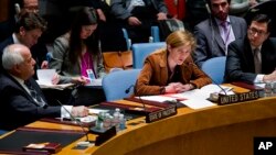 20일 유엔본부에서 열린 유엔안보리 회의에서 미국 대사가 시리아 사태에 관해 발언하고 있다. 
