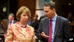 European Union Foreign Policy Chief Catherine Ashton (l) speaks with Polish Foreign Minister Radoslaw Sikorski during an EU foreign ministers meeting at EU headquarters in Brussels, Jan. 20, 2014. 
