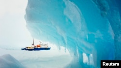 The ship MV Akademik Shokalskiy is pictured stranded in ice in Antarctica, December 29, 2013.