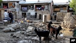 Beberapa wilayah di Afghanistan sering terkena banjir. Seperti terlihat dalam foto tertanggal 4/8/ 2013 ini, penduduk Afghanistan berdiri di dekat rumah-rumah yang rusak akibat banjir. Sementara hujan lebat yang terjadi pada 24/4/2014 telah menewaskan hampir 100 orang di Afghanistan Utara.