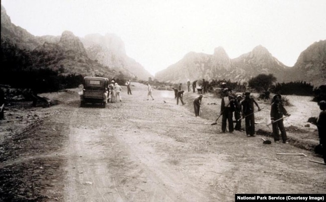 Workers in the 1930s build roads near Big Bend National Park