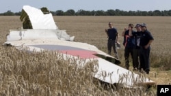 FILE -Investigators examine a piece of the Malaysia Airlines Flight 17 plane crash near the village of Hrabove, Donetsk region, eastern Ukraine. 